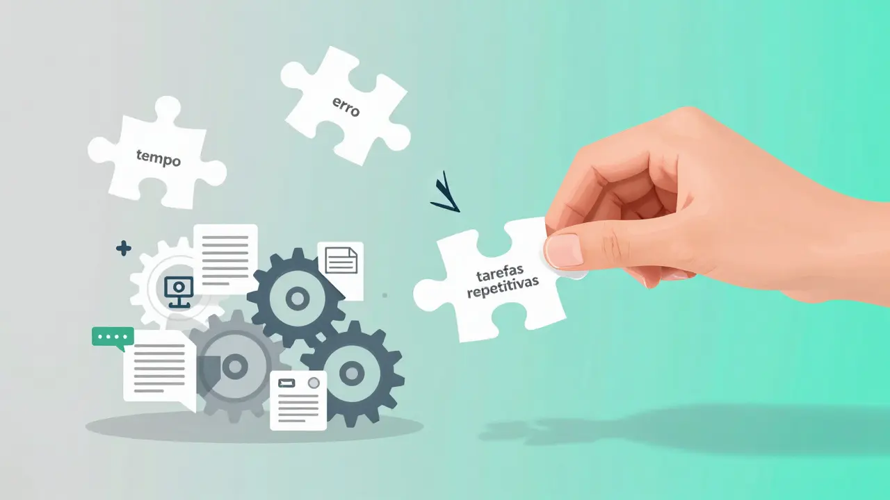 Mão humana insere tarefas repetitivas em máquina de IA, enquanto estresse e erros desaparecem, simbolizando automação transformadora.