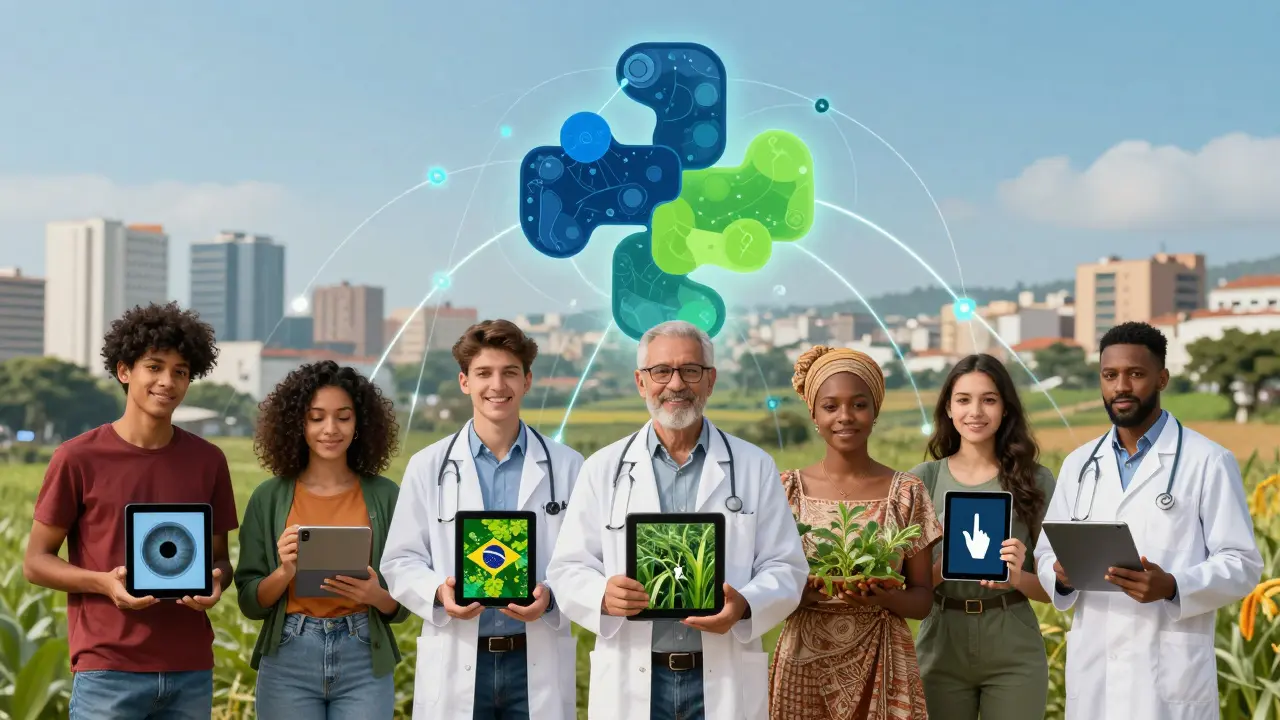 Pessoas de diferentes profissões conectadas a um logotipo Python, exibindo insights de IA em suas telas.