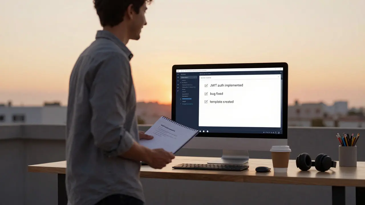Programador saindo do computador ao pôr do sol, com tarefas concluídas anotadas em caderno.