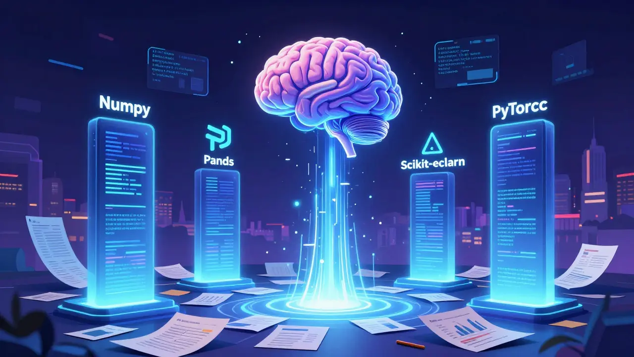 Quatro bibliotecas de IA em forma de colunas de luz transformando dados caóticos em informações claras.