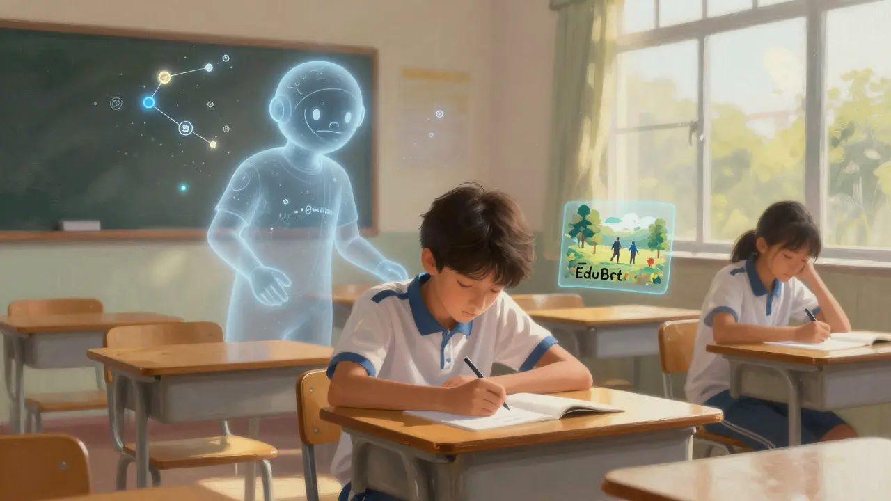 Aluno em sala de aula recebe apoio sutil de um tutor de IA que detecta cansaço.