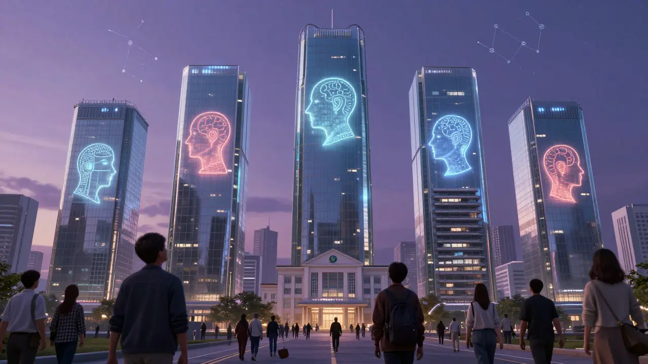 Cinco torres de IA global dominam cidade futurista, com humanos abaixo em diferentes contextos.