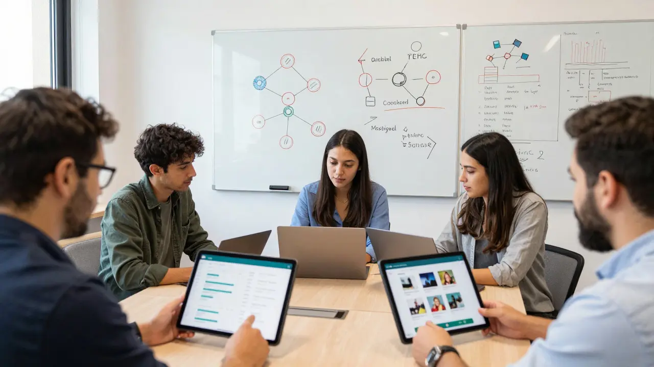 Grupo de pessoas analisando projetos de IA no Kaggle em tablets, com diagramas de redes neurais ao fundo.