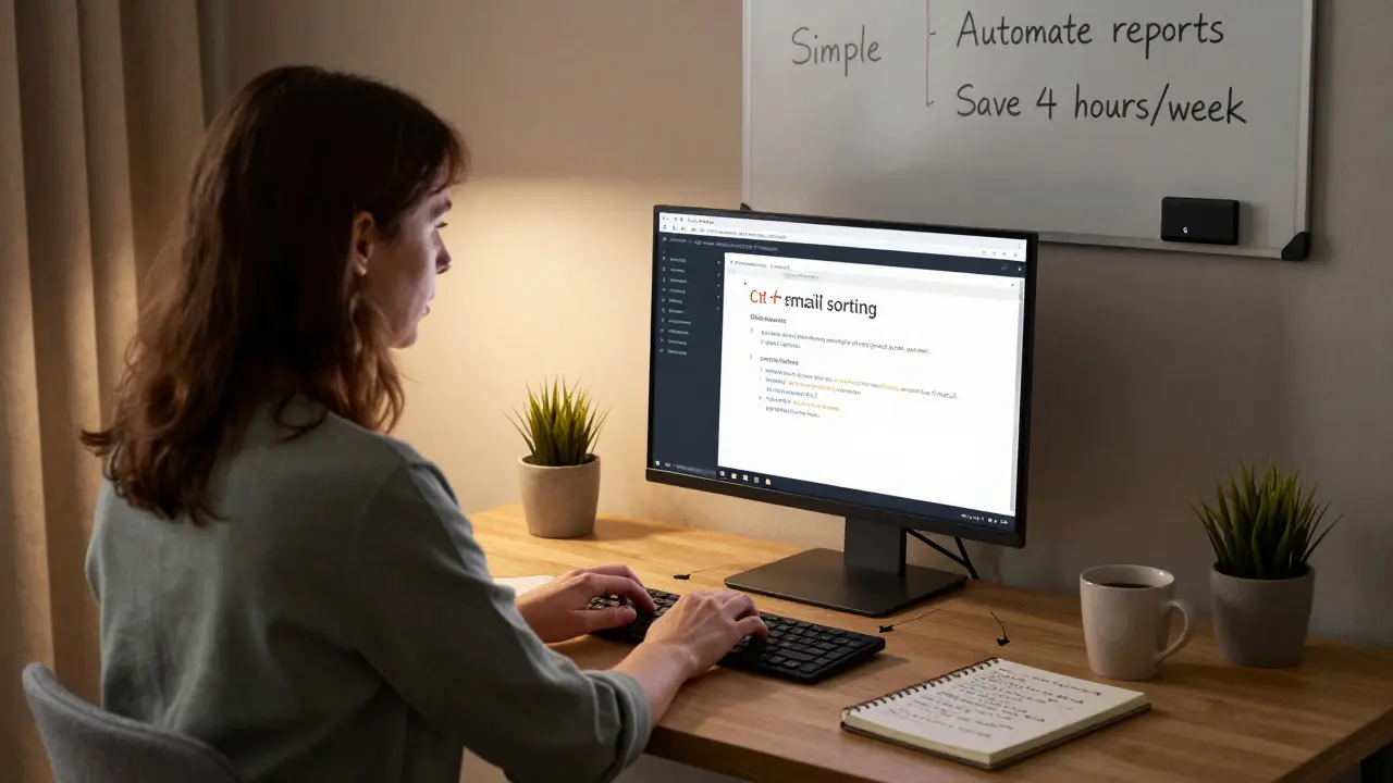 Mulher em casa escrevendo um script em Python para organizar e-mails, com anotações à mão e luz acolhedora.