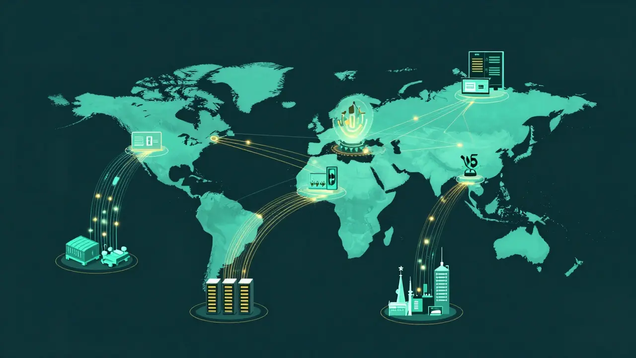 Rede global de sistemas de IA alimentados por Python, conectando agricultura, finanças e manufatura.