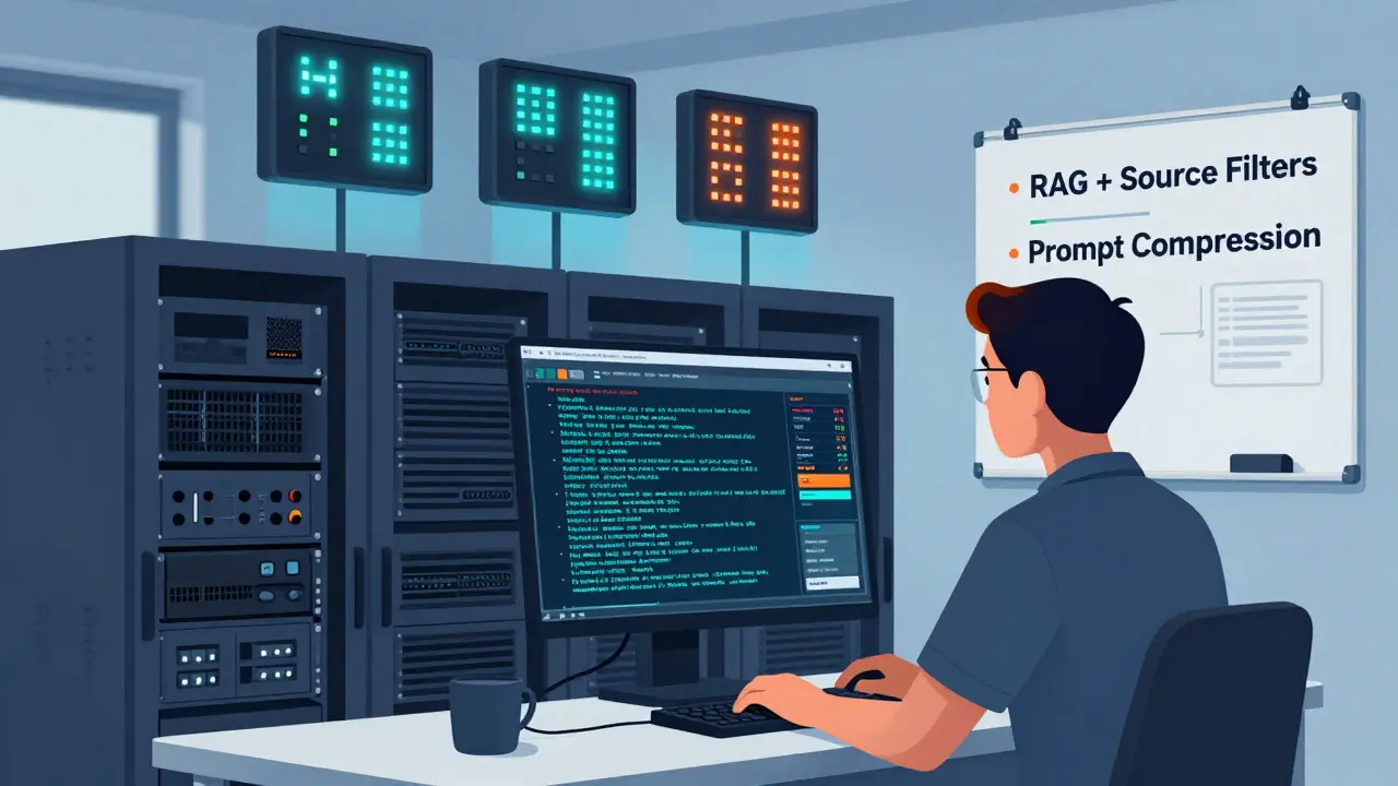 Técnico monitorando servidores com quantização em 4 e 8 bits, e cache de embeddings pulsando em um banco de dados Redis.