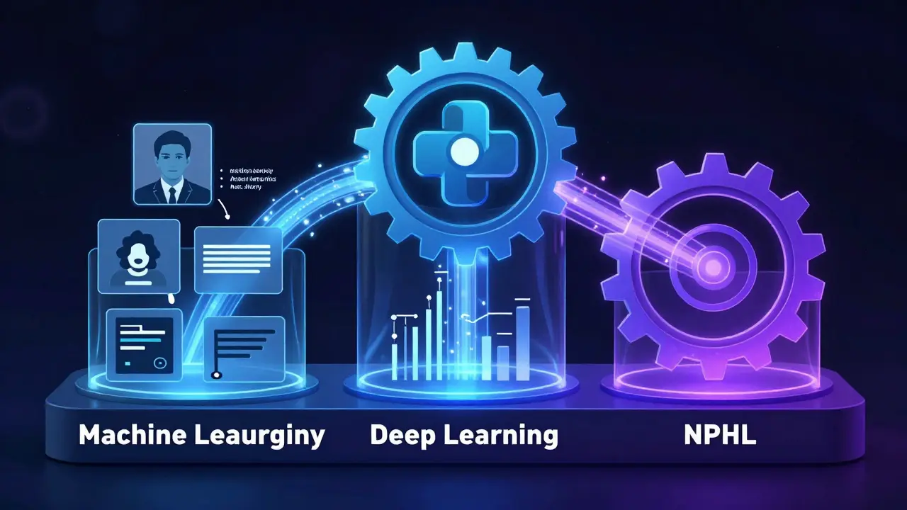 Três camadas de IA — Machine Learning, Deep Learning e PLN — representadas como engrenagens dentro de um logotipo Python com fluxos de dados.