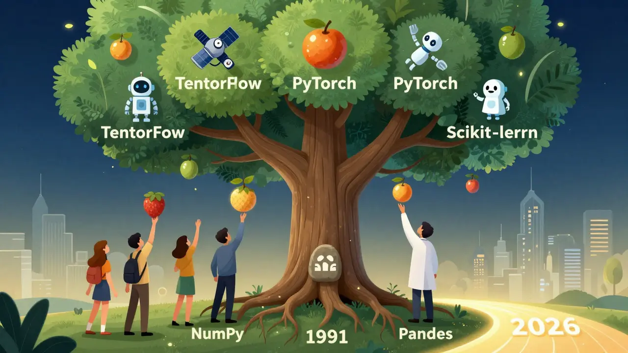 Árvore simbólica com raízes e ramos representando bibliotecas de Python, com ícones de IA florescendo nos galhos, em estilo ilustrativo suave.