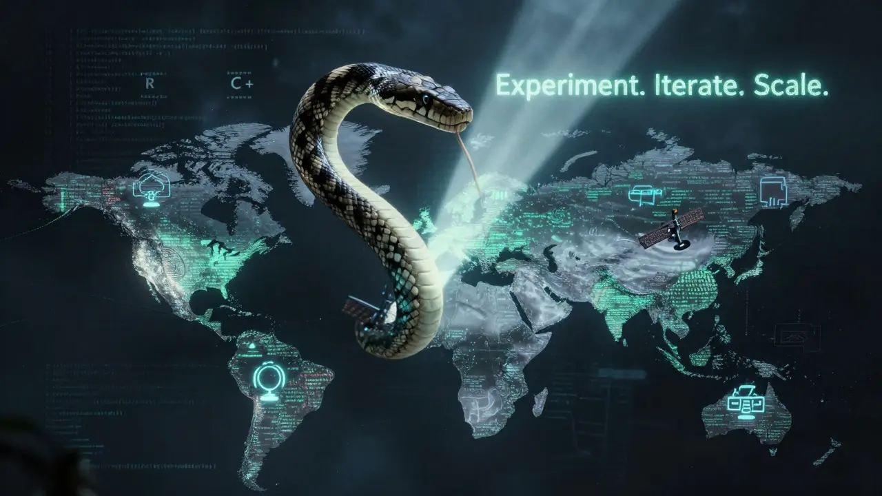 Cobra Python envolvendo o mundo, com sistemas de IA surgindo ao longo de seu corpo, enquanto outras linguagens se dissipam em névoa.