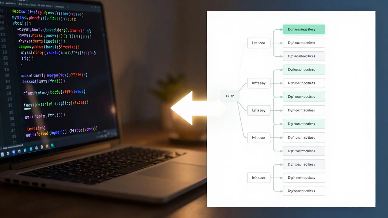 Comparação visual entre código PHP desatualizado e moderno com Laravel, mostrando evolução das boas práticas.
