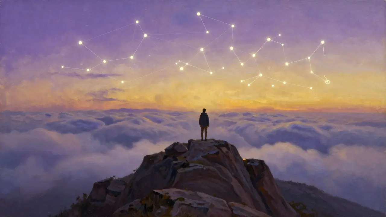 Figura em montanha olhando redes digitais no horizonte ao amanhecer.