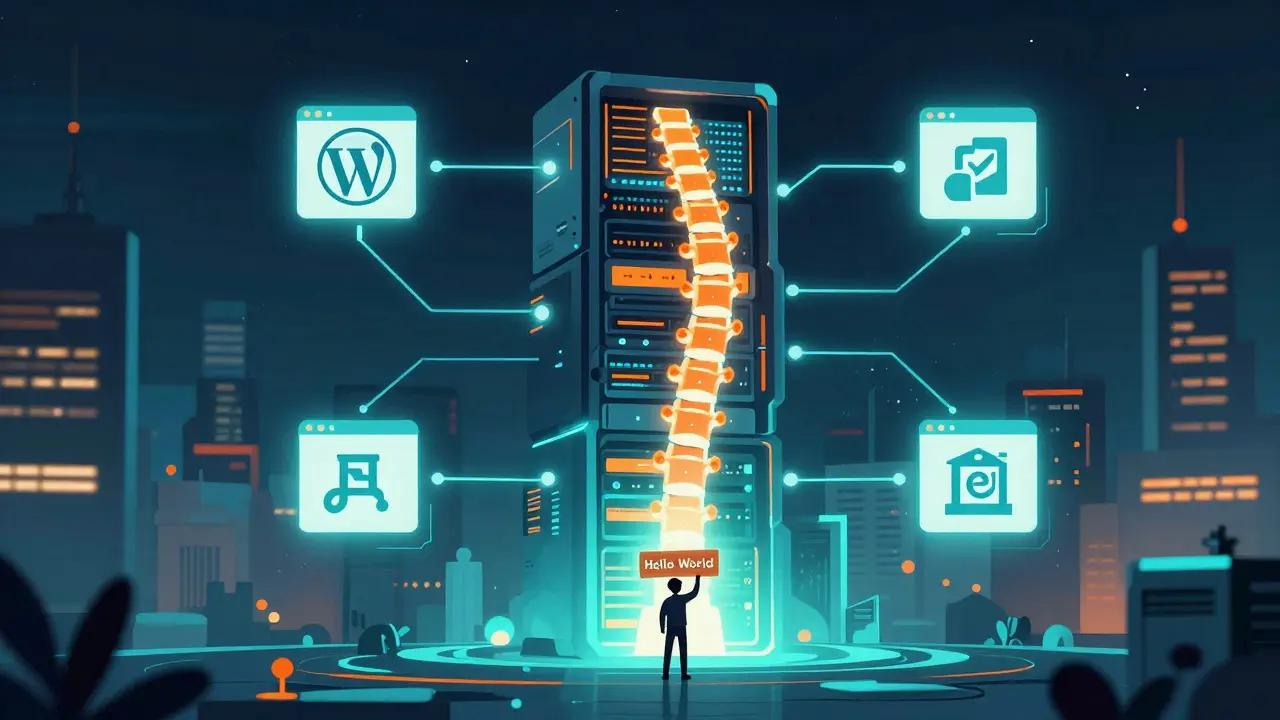 Infraestrutura servidora em forma de espinha dorsal conectando sites web, com ícones de CMS e um programador no chão.