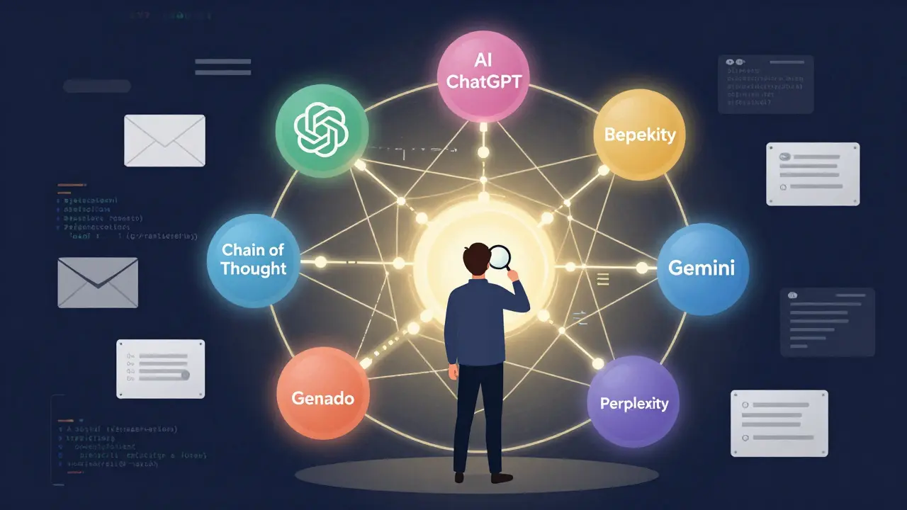 Pessoa observando uma rede de ferramentas de IA conectadas, com foco em um caminho de raciocínio revelado por uma lupa.