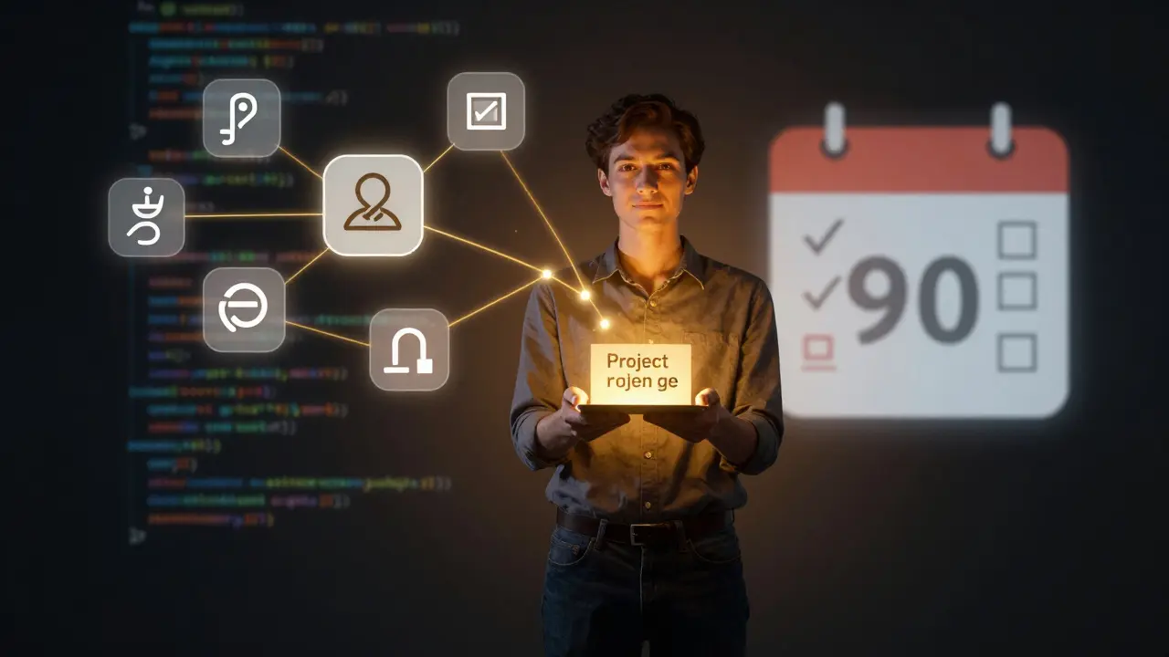 Pessoa orgulhosa diante de um painel de código, representando domínio da programação.