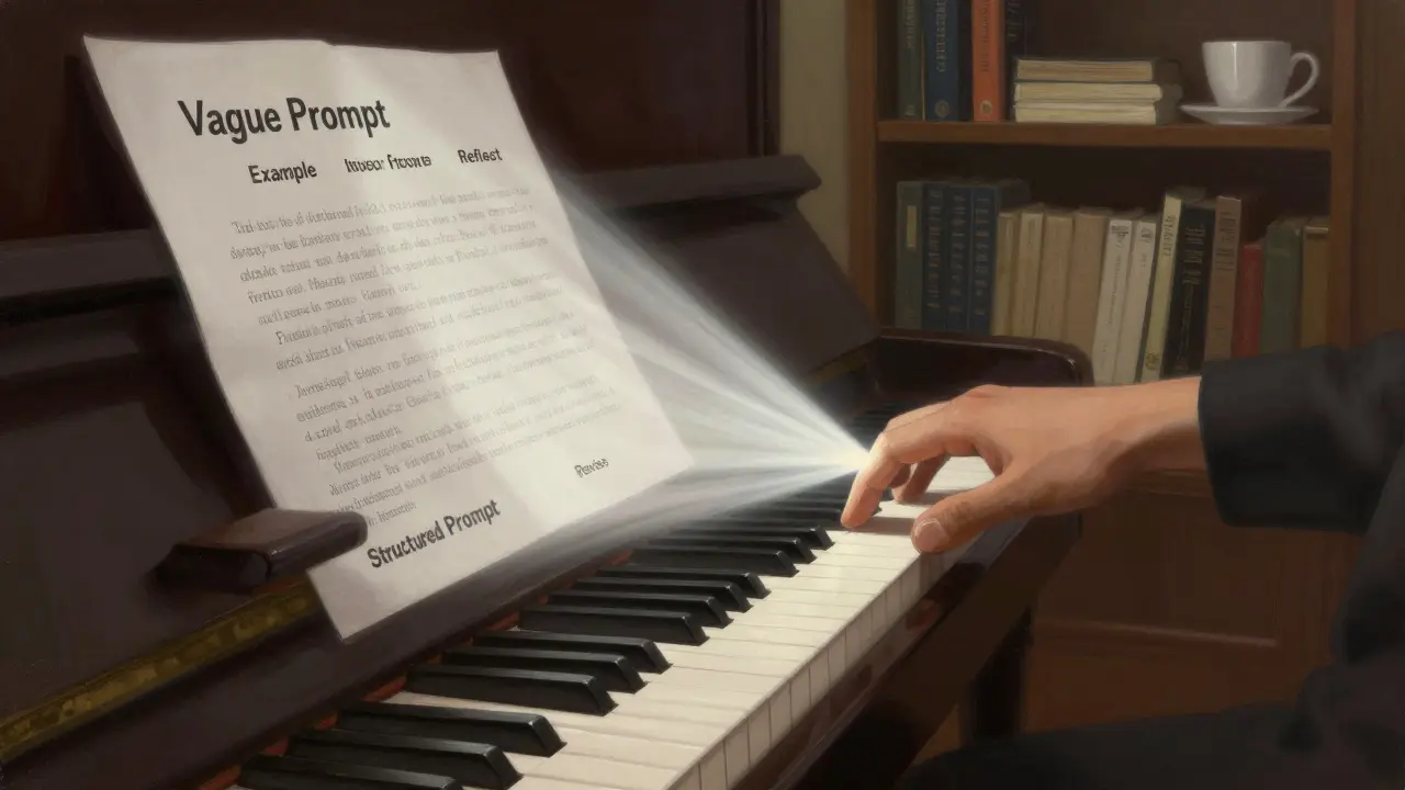 Piano com teclas representando práticas de prompt, emitindo luz quando usado corretamente, em ambiente acolhedor.