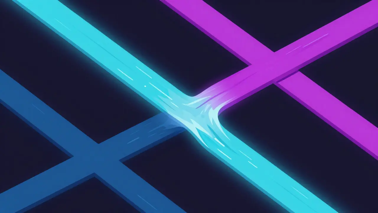 Rios de luz colorida se fundindo harmonicamente simbolizando controle de versão.