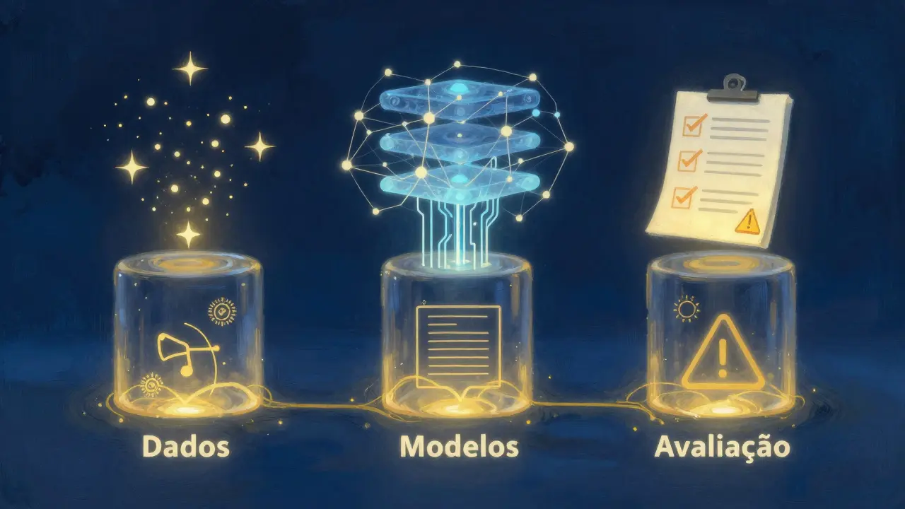 Três pilares ilustrados: dados, modelos e avaliação, com elementos abstratos conectados em tons azuis e dourados.