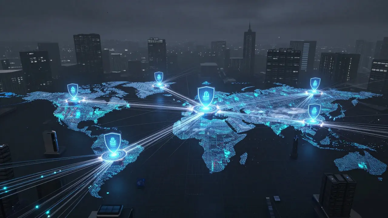 Visualização cinética de uma rede de inteligência artificial global conectada e segura.