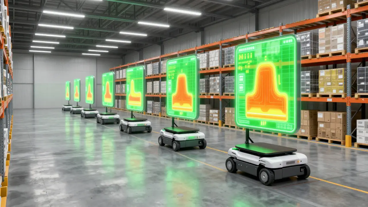 Armazém automatizado com robôs autônomos e mapas de calor digitais para otimização.