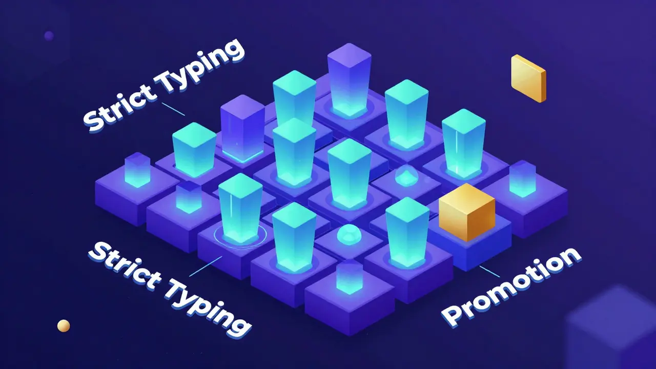 Ilustração 3D de blocos cristalinos se encaixando em uma grade, representando tipagem rigorosa.