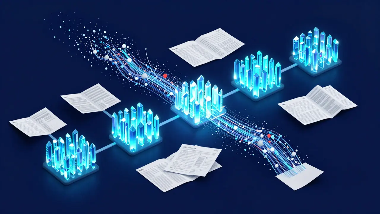 Ilustração 3D de dados desorganizados transformando-se em matrizes estruturadas e brilhantes.