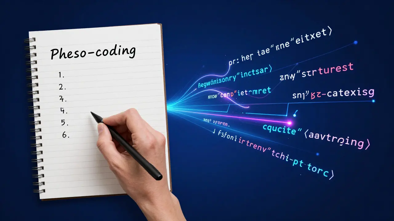 Ilustração conceptual de pseudo-código transformando-se em código de programação.