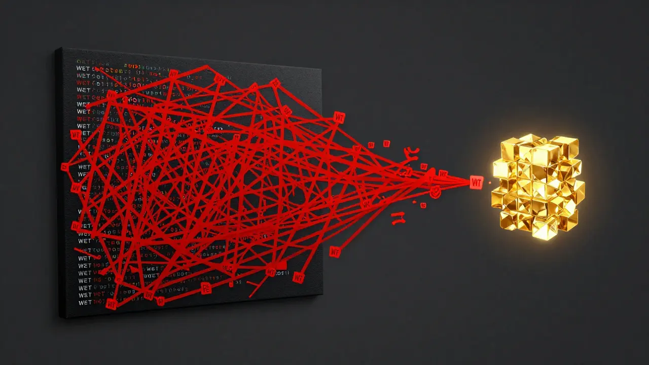 Ilustração conceptual de refatoração de código transformando repetição em simplicidade.