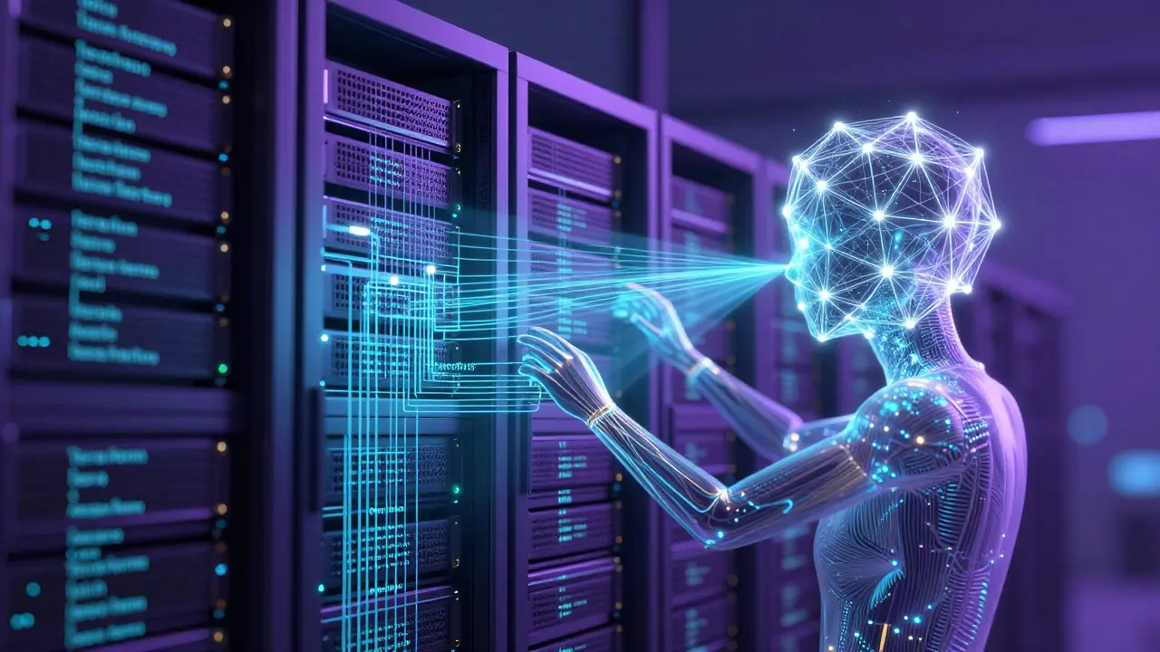 Ilustração de IA otimizando infraestrutura de nuvem através de códigos digitais e redes neurais.