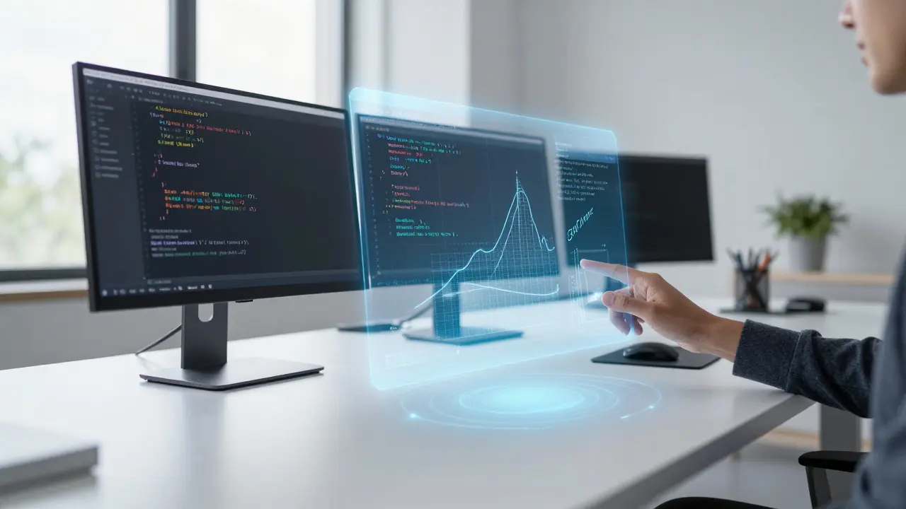 Interface holográfica com código Python e fórmulas matemáticas em um ambiente de trabalho moderno.