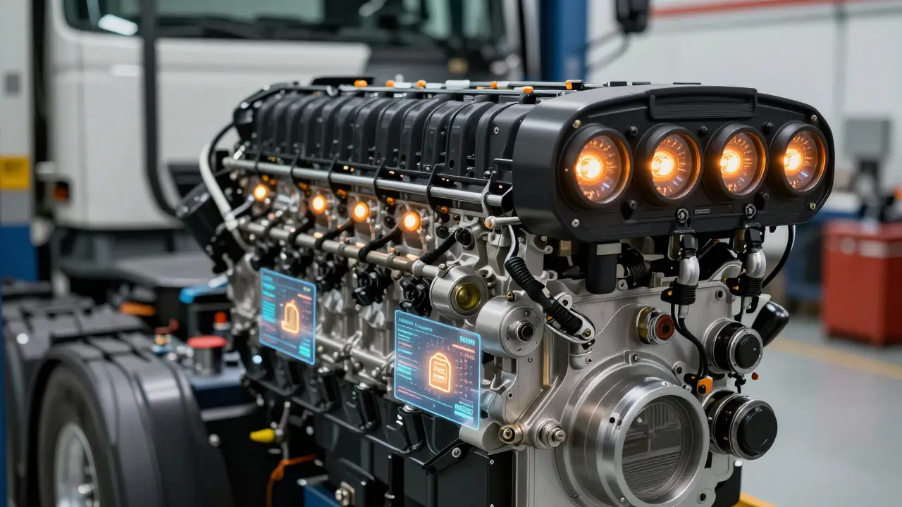 Motor de caminhão com sensores IoT e indicadores de manutenção preditiva.
