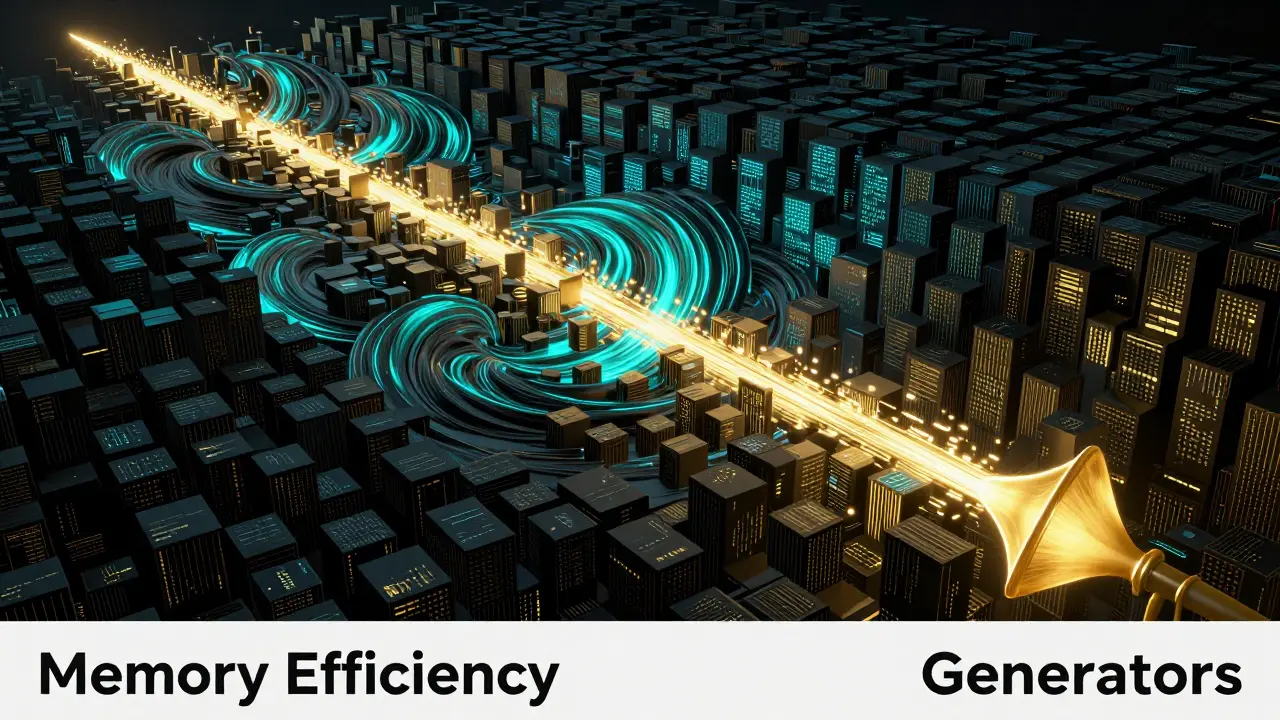 Representação conceitual de dados fluindo por um funil dourado, simbolizando geradores de memória.