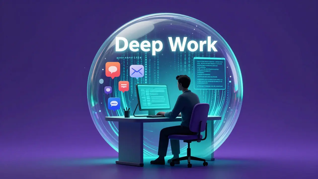 Representação visual do estado de trabalho focado bloqueando distrações digitais.