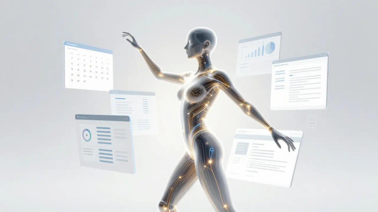 Silhueta digital de um agente de IA autônomo organizando diversas tarefas e documentos virtuais.