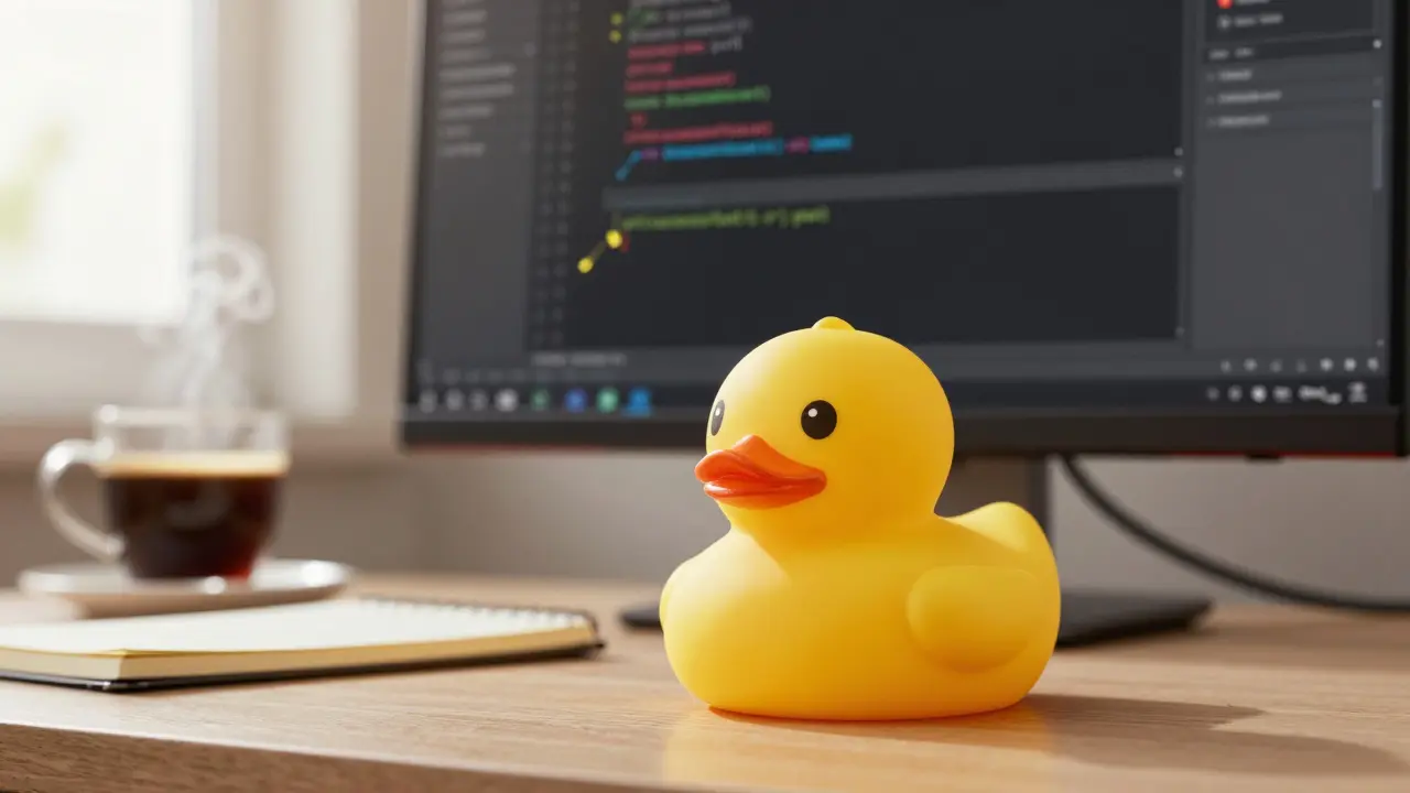 Um pato de borracha ao lado de um monitor com um debugger de programação ativo.