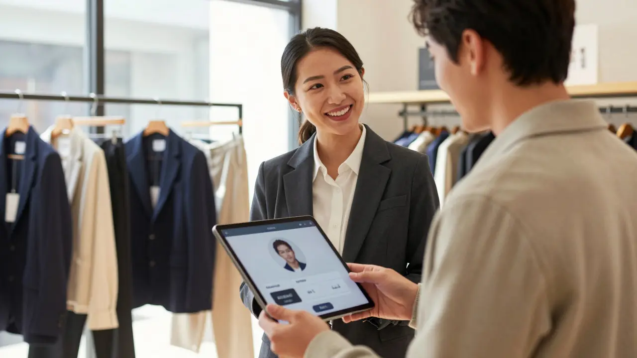 Vendedor usando tablet com dados de IA para prestar atendimento personalizado a um cliente.