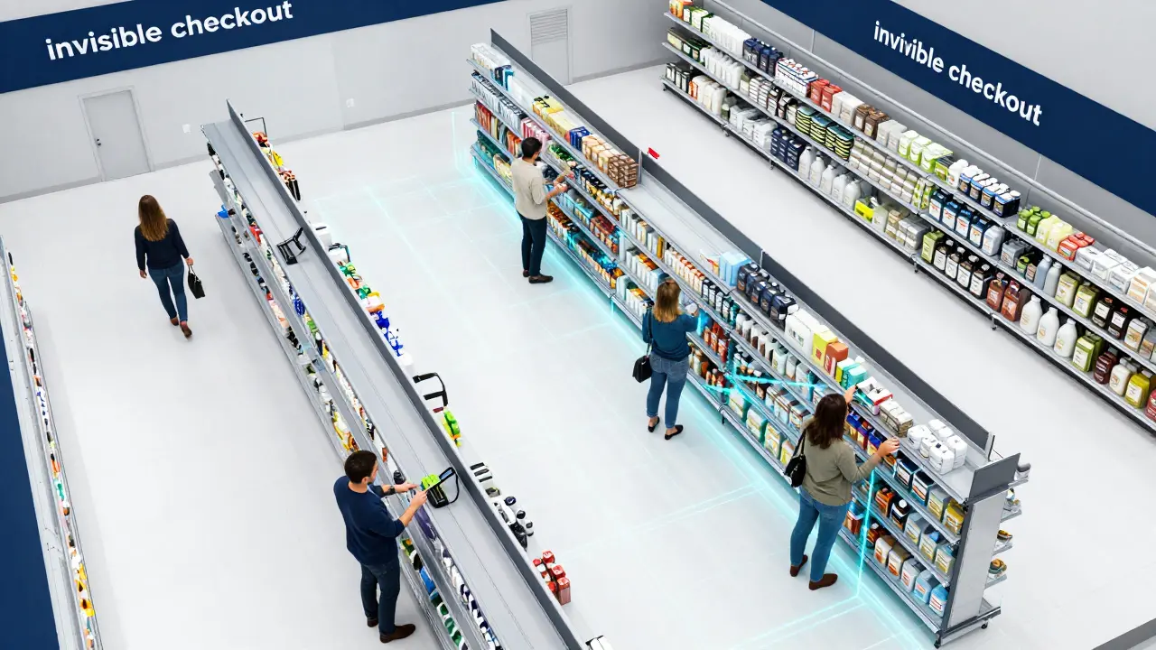 Visão aérea de loja autônoma com linhas digitais de visão computacional e checkout invisível.