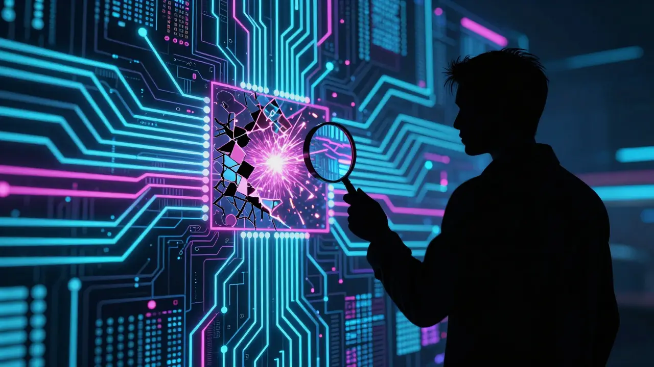 Arte conceitual de detetive digital investigando falha em circuito neon