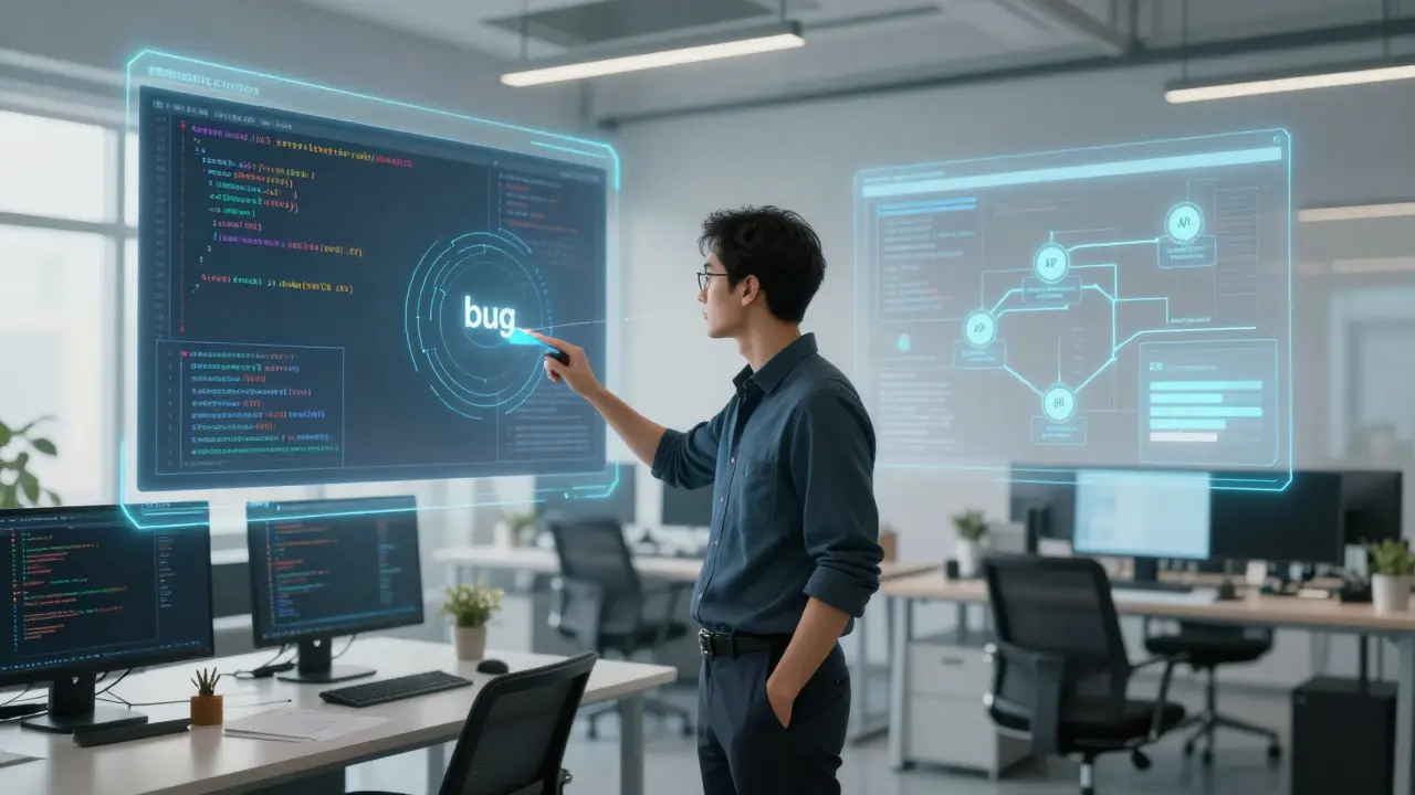 Desenvolvedor interagindo com interfaces holográficas de automação