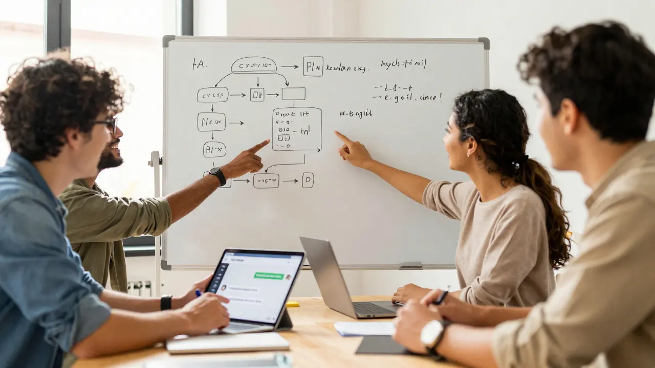 Equipa diversa a colaborar e aprender sobre IA num espaço de trabalho