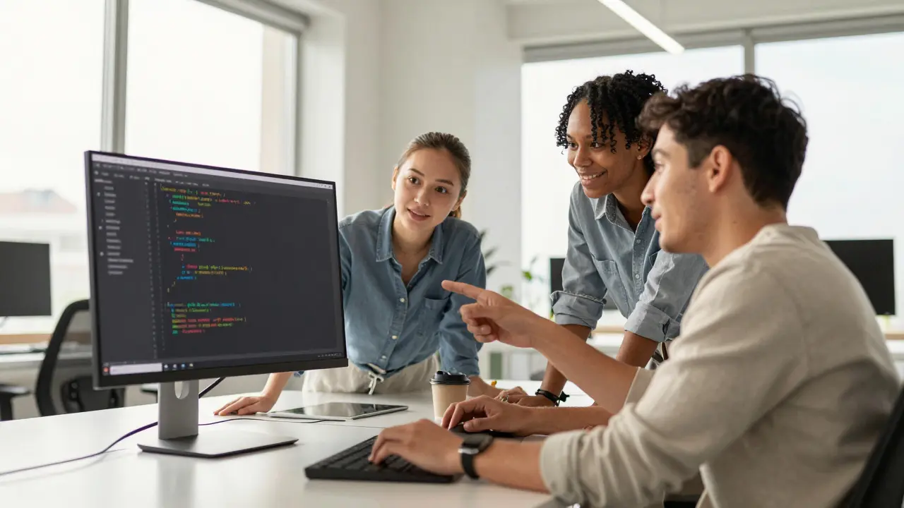 Equipe de desenvolvedores colaborando e revisando código em escritório moderno