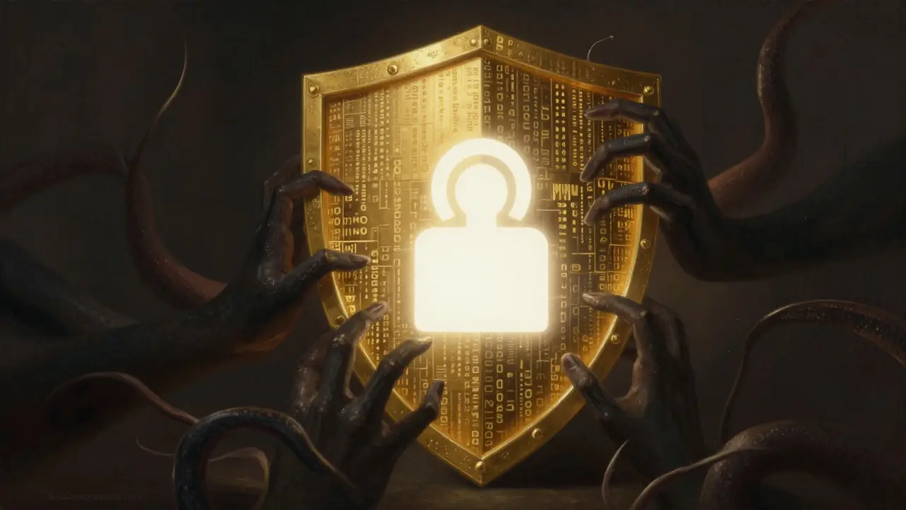 Escudo digital dourado protegendo dados contra ameaças