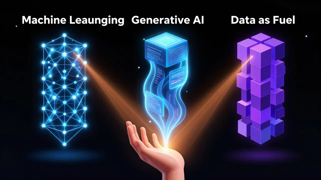 Ilustração conceptual dos três pilares da IA: ML, GenAI e Dados
