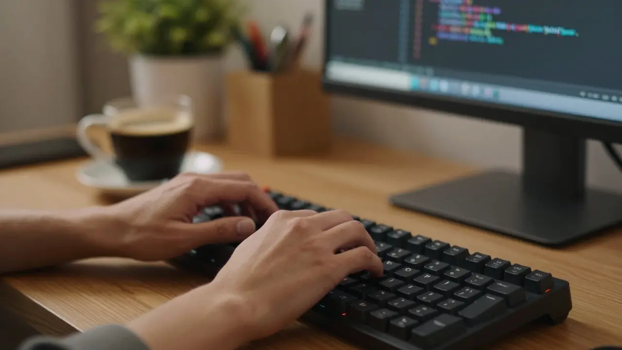 Mãos a programar num ambiente de escritório em casa acolhedor