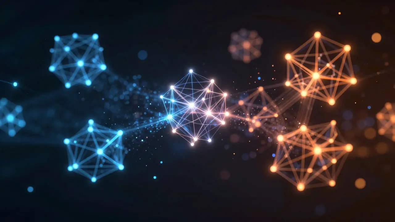 Arte abstrata mostrando conexões de vetores e dados semânticos brilhantes