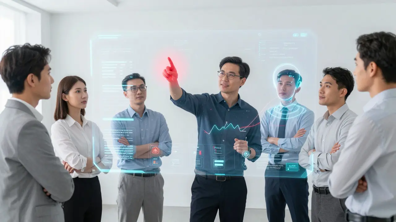 Equipa humana colaborando com IA numa interface holográfica de validação