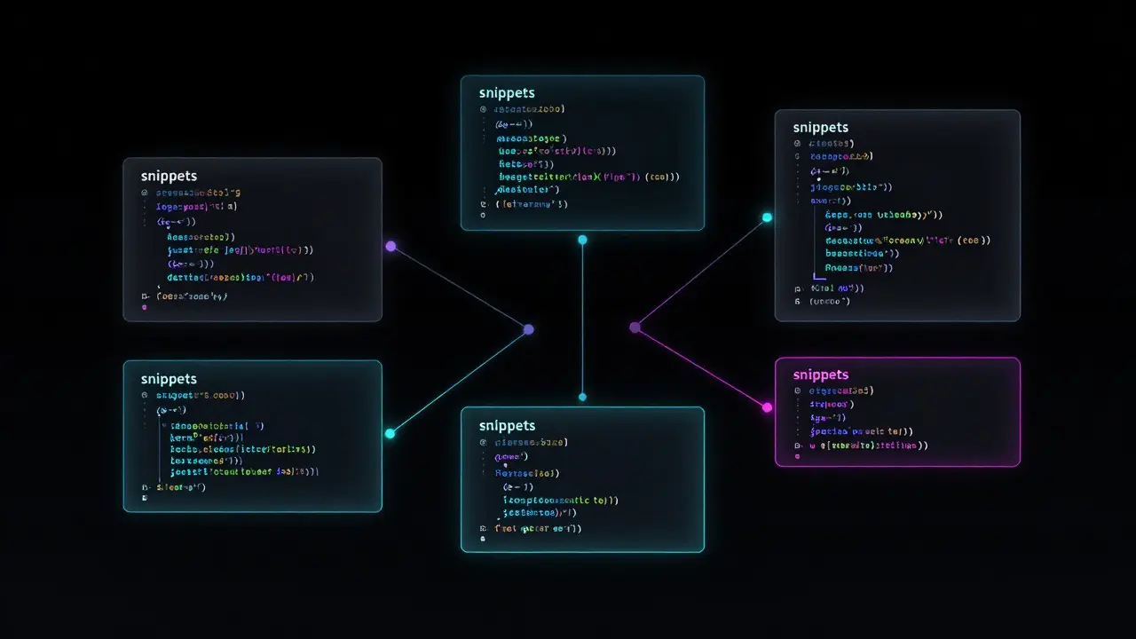 Ilustração abstrata de IDE com sugestões de código flutuantes e neon