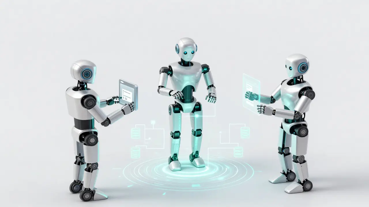 Agentes de IA autônomos colaborando em torno de uma interface holográfica
