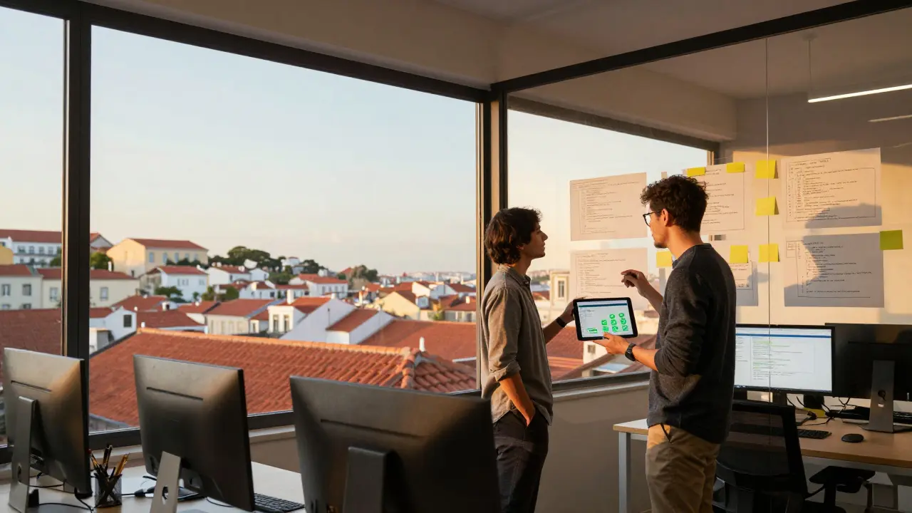 Desenvolvedores a colaborar num escritório luminoso com vista para Lisboa