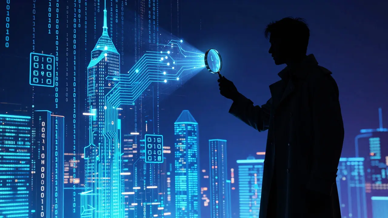Detetive digital investigando bugs em um cenário cyberpunk