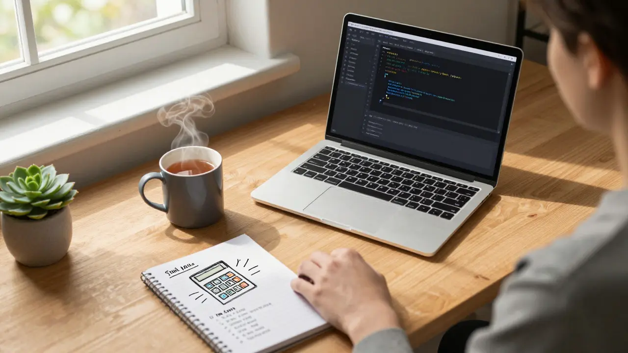 Escritório acolhedor com laptop exibindo código Python simples e cadernos de projetos